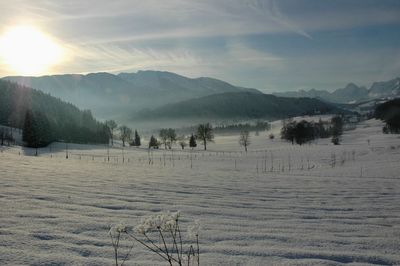 Scenic view of snowcapped mountains against sky