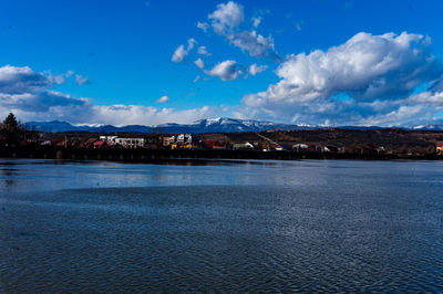 Scenic view of sea against blue sky