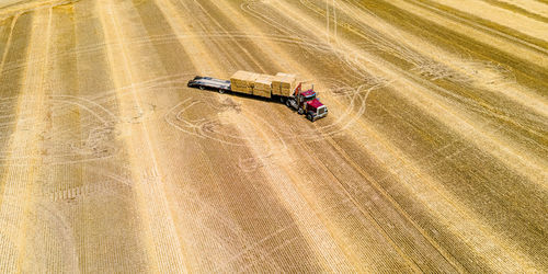 The loading of freshly cut bales on a rural farm in wisconsin