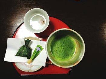 High angle view of coffee cup with coffee cup