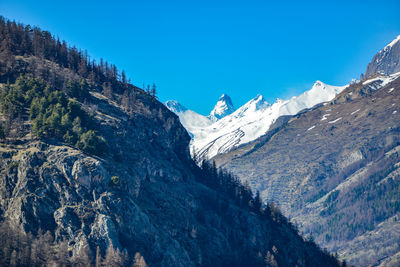 Scenic view of snowcapped mountains against clear blue sky