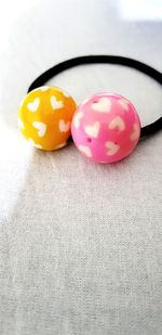 High angle view of multi colored candies on table