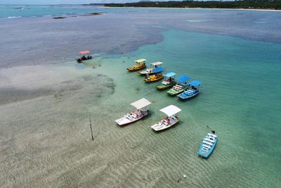 High angle view of boats moored on sea