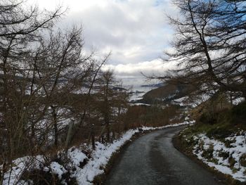 Road amidst bare trees against sky during winter