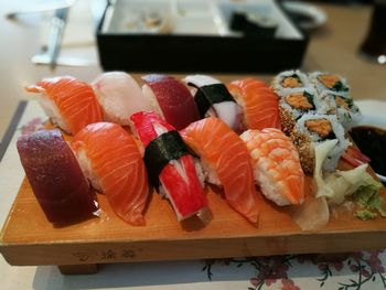 Close-up of sushi served on table