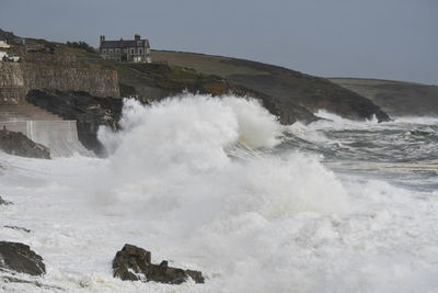 Big waves at high tide in porthleven cornwall 