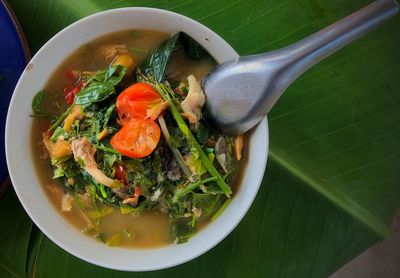 High angle view of soup in bowl on table
