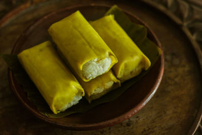 High angle view of breakfast in plate on table