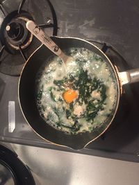 High angle view of vegetables in cooking pan