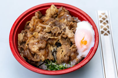 High angle view of food in bowl on table