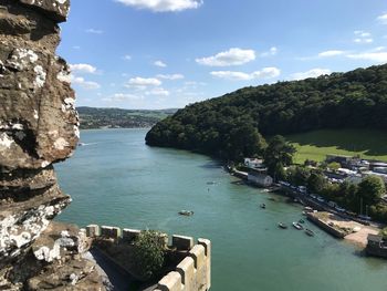 High angle view of bay against sky