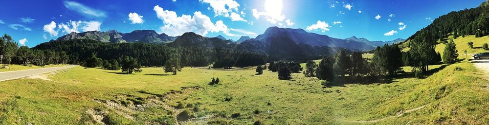 Panoramic view of trees and mountains against sky