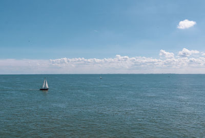 Sailboat sailing on sea against sky