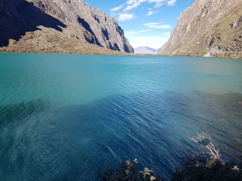 Scenic view of sea by mountains against sky