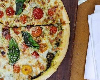 High angle view of pizza on table
