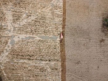 Rear view of a man walking on stone wall