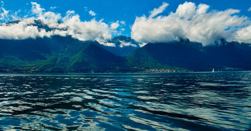 Scenic view of lake against cloudy sky