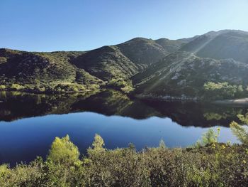 Scenic view of lake and mountains against clear sky