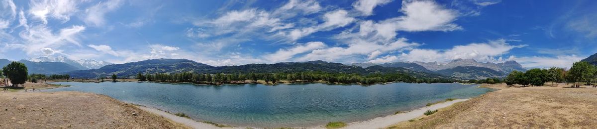 Panoramic view of lake and mountains against sky