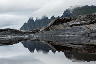 Scenic view of lake and mountains against cloudy sky