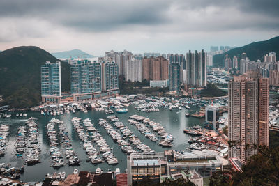 Aberdeen typhoon shelter, hong kong seen from  brick hill  nam long shan, in sunset time