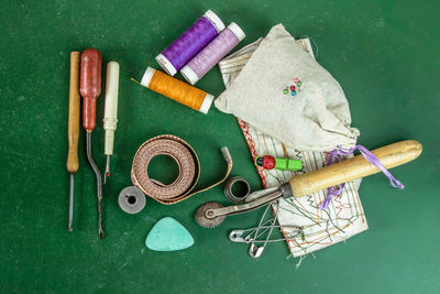 High angle view of tools on table