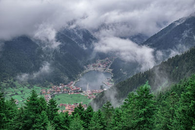 High angle view of trees and mountains against sky. landscape in uzungol, turkey