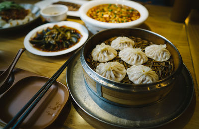 High angle view of various food on table