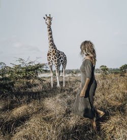 Full length of woman standing on field with giraffe