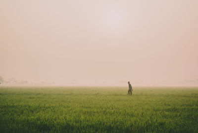 Man standing on grassy landscape during sunset