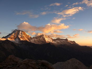 Scenic view of mountains against sky during sunset