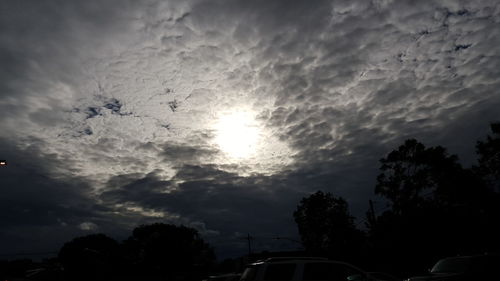 Low angle view of trees against cloudy sky