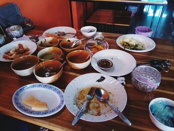 High angle view of breakfast on table