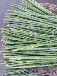 High angle view of moringa oleifera in basket at market for sale