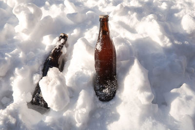 High angle view of snow covered with ice