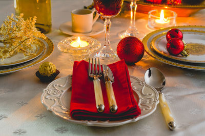 High angle view of christmas decorations on table