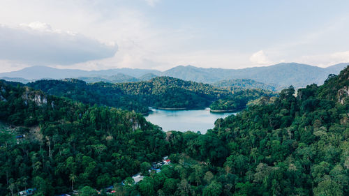 Scenic view of trees and mountains against sky