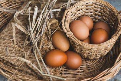 High angle view of eggs in basket