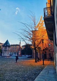 Street amidst buildings against sky during autumn