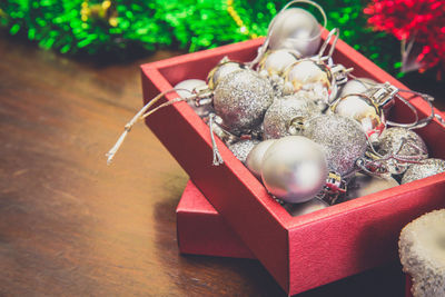 Close-up of christmas decorations on table