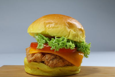 Close-up of burger on table