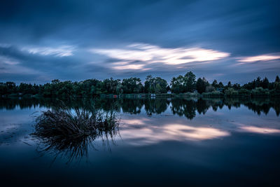 Scenic view of lake against sky at sunset