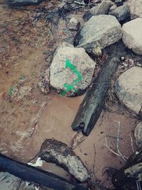High angle view of damaged rock on field