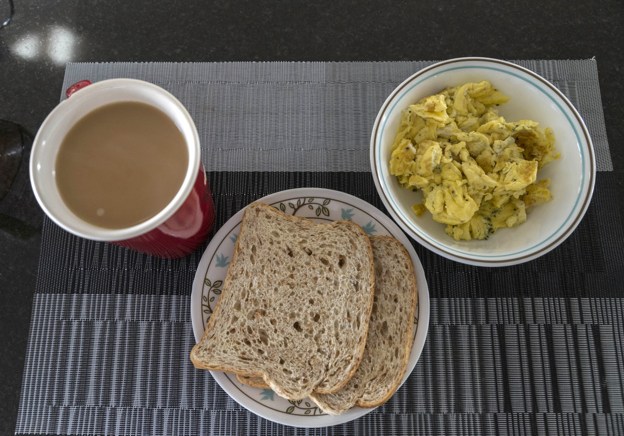 HIGH ANGLE VIEW OF BREAKFAST