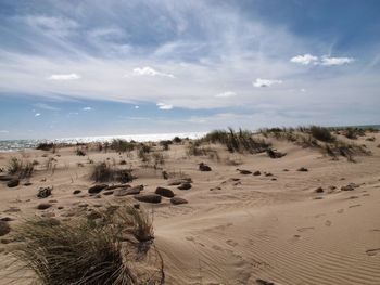 Scenic view of sand dunes against sky