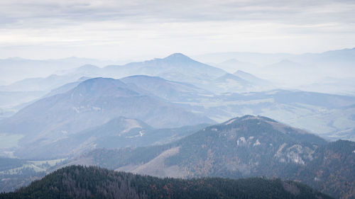 Autumn landscape with forests and mountains disappearing in fog, slovakia, europe