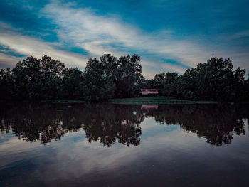 Reflection of trees in lake against sky