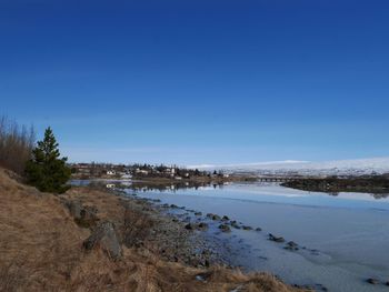 Scenic view of lake against clear blue sky