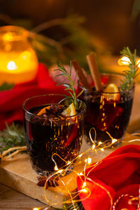 Close-up of tea light candles on table