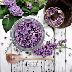 Directly above view of lavender petals in jar on table
